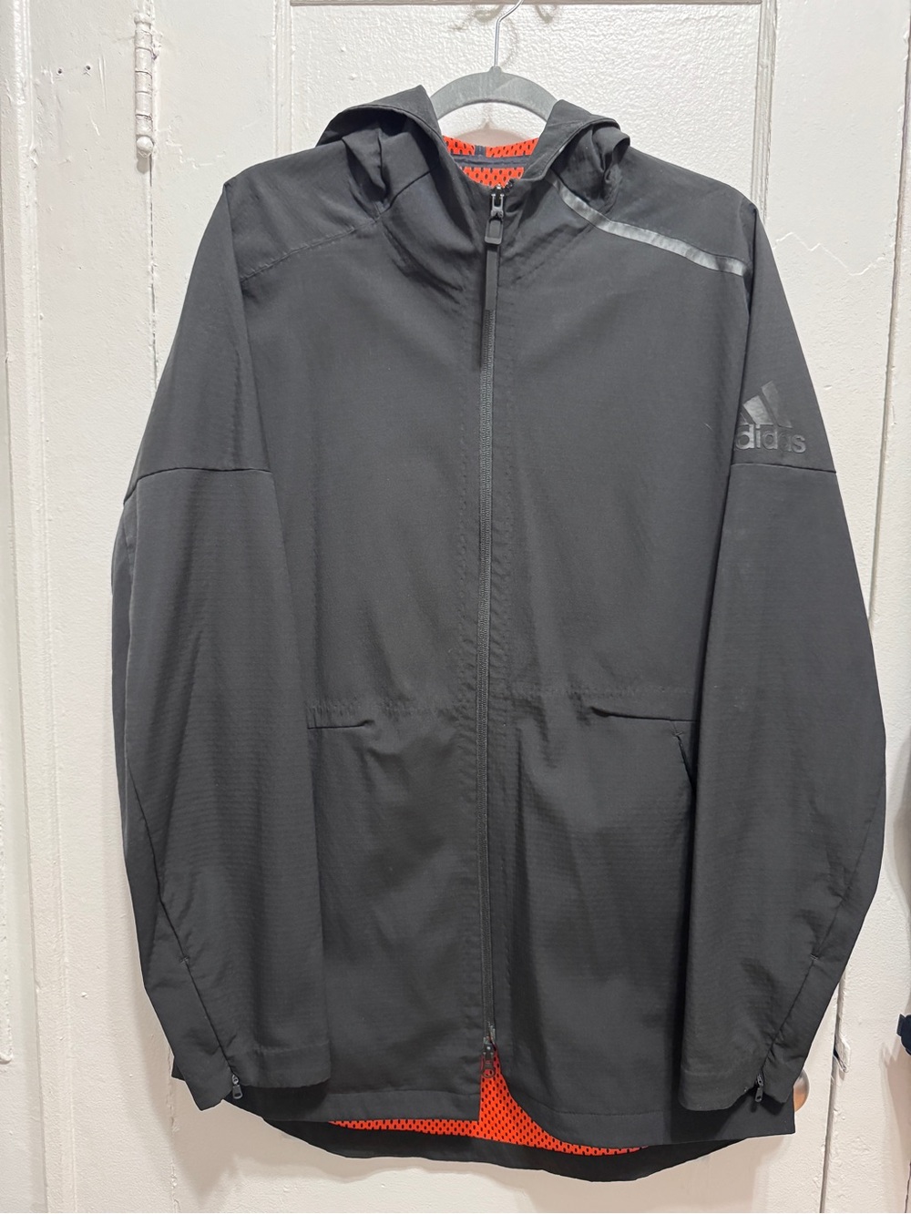 adidas Black Lightweight Hooded Jacket with Orange Lining